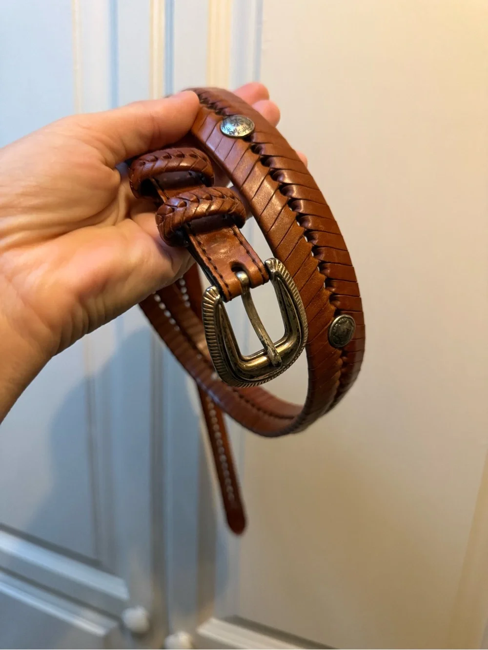 Vtg 90s Sz 38 Leather Belt Western Concho Braided Whipstitch Brown‎ Woven Boho